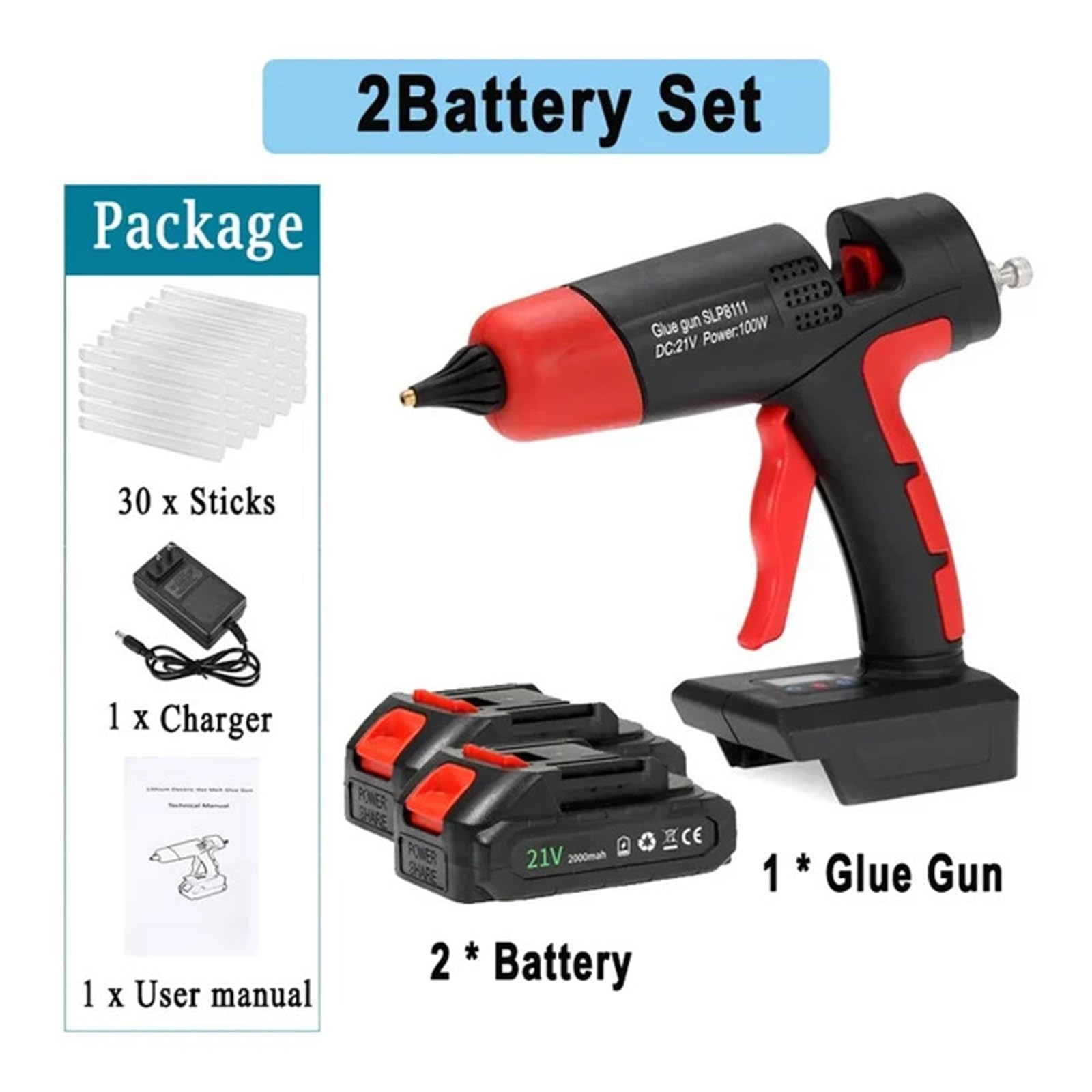 Pistola for colla a caldo elettrica senza fili da 100 W, pistola ad aria calda for saldatura di plastica con stick 11 mm for batteria al litio 21 V for fai te, regali Natale, artigianato(2 Battery)