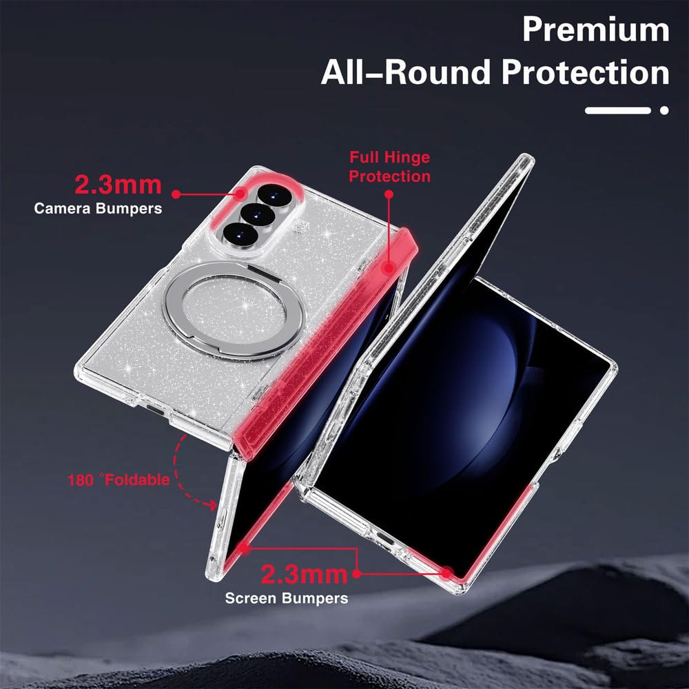 Custodia per telefono antiurto con supporto magnetico girevole a 360° per Samsung Galaxy Z Fold 8 Ultra, con ricarica wireless, colore bianco trasparente.