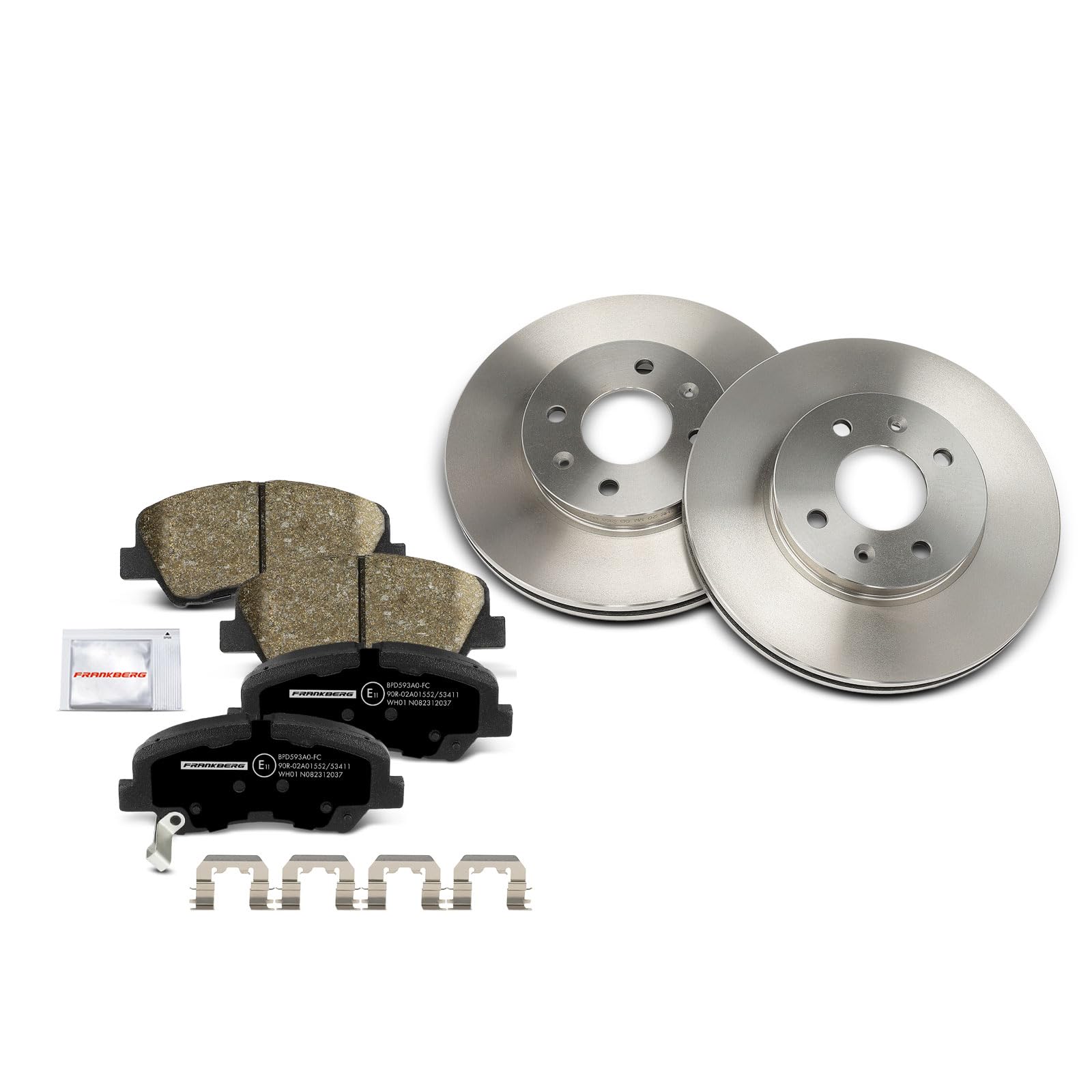 Frankberg 1 set freni incl. 2 dischi freno + 4 pastiglie freno anteriori | 58101C8A50, 58101C8A00; Compatibile con: Rio III UB, i20 GB IB, Rio IV FB SC YB, i20 Coupé GB, i20 Active GB IB