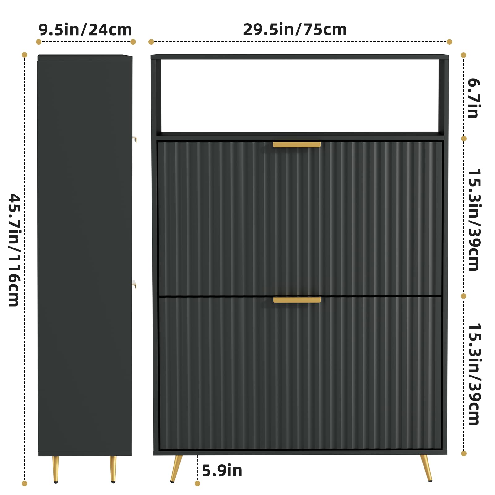 Urban Deco Schuhschrank Schwarz, 75 x 24 x 116 cm, Schuhkipper mit 2 Klappen, Schuhregal Schmal mit Metallfüßen, Schuhschrank Holz für Eingangsbereich, Flur, Schwarz