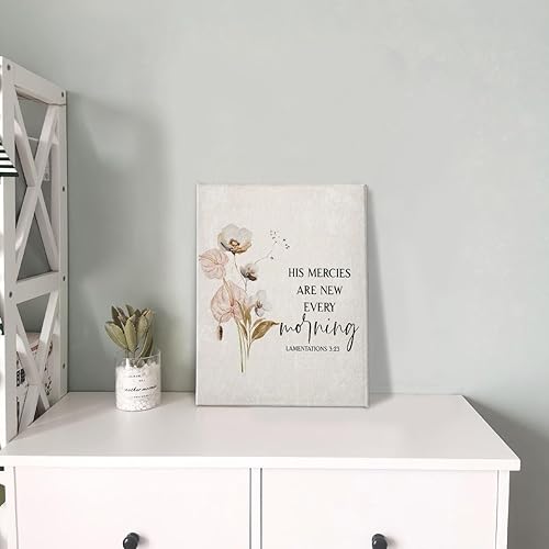 Miniatura 4 de PHAMTE His Mercies Are New Every Morning - Arte de pared con versículo bíblico cristiano, lamentaciones de flores silvestres 3:23, lienzo enmarcado