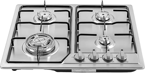 Estufa de gas de 4 quemadores, estufa de gas integrada de acero inoxidable de 23 pulgadas para GLPNG, doble combustible convertible, protección