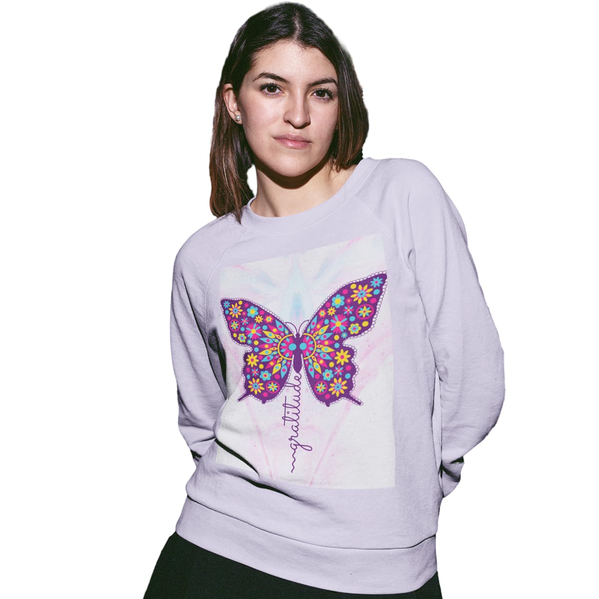 custom Women Sweatshirt | 300 GSM Cotton Fleece | Roudneck | Pullover | Pink | Lavender| Long Sleeve Top | Butterfly | Sweatshirts for Women-picture-50