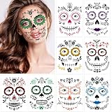Ceiba Tree Day of Dead Tattoos 9 Sheets Halloween Temporary Sugar Skull Face Tattoos Skeleton Skull Full Face Mask Stickers for Women Adult Kids Halloween Party Favor Supplies Decorations