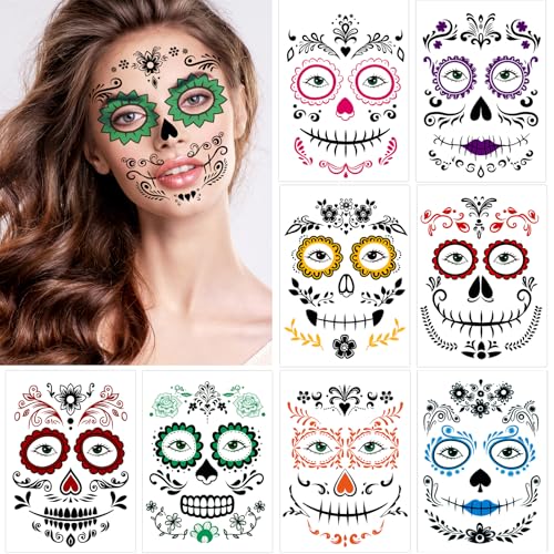 Ceiba Tree Day of Dead Tattoos 9 Sheets Halloween Temporary Sugar Skull Face Tattoos Skeleton Skull Full Face Mask Stickers for Women Adult Kids Halloween Party Favor Supplies Decorations