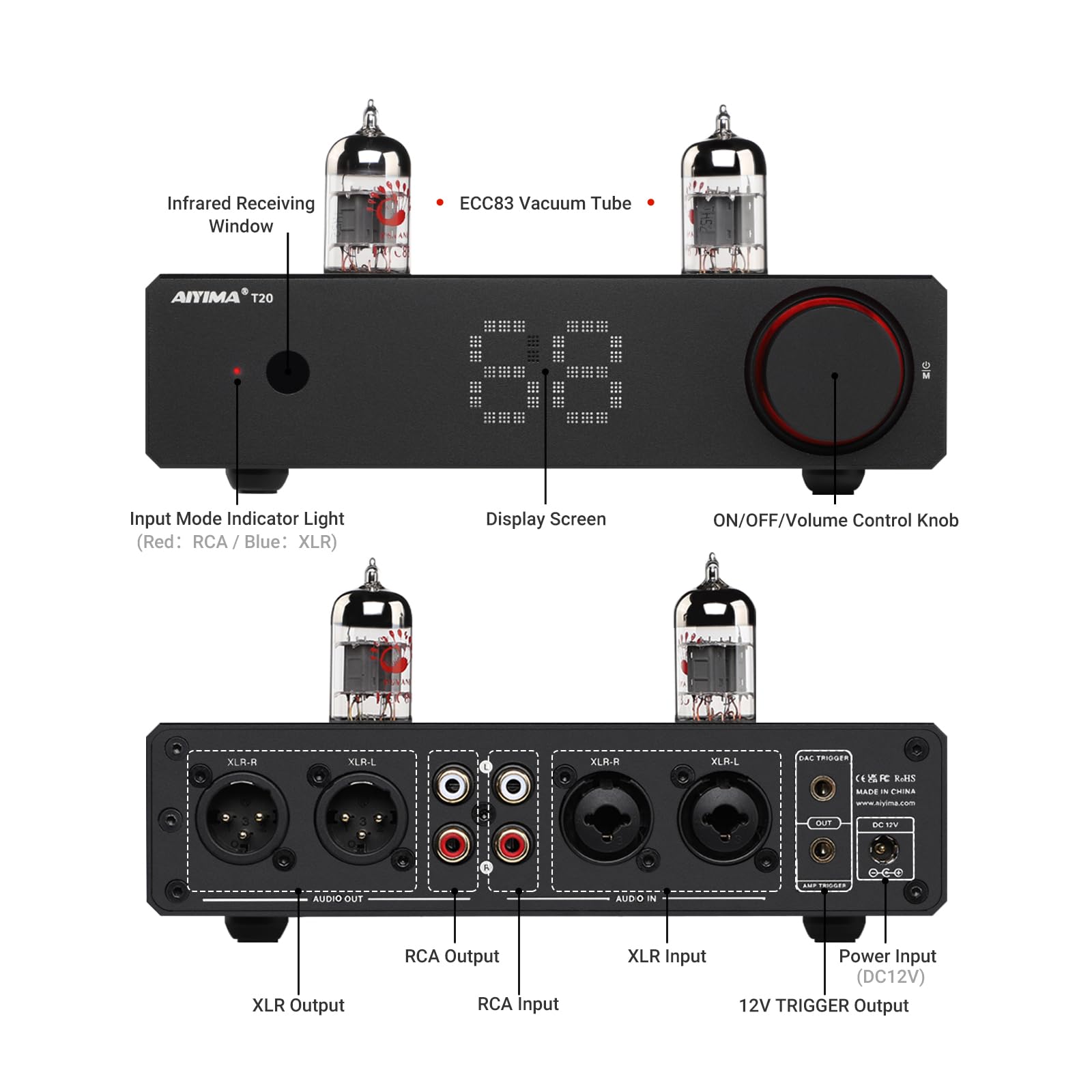 AIYIMA A20 vollsymmetrischer Stereo-Verstärker der Klasse D und AIYIMA T20 vollsymmetrischer High-Fidelity-Röhrenvorverstärker mit 12-V-Trigger