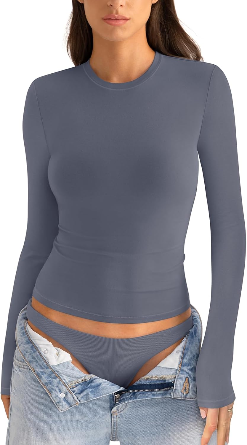 Womens Cotton Long Sleeve Shirts Crew Neck Fitted Basic Going Out Outfits Undershir...