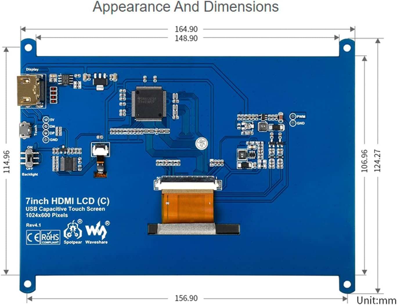 Appearance and dimensions of the Waveshare 7-inch HDMI LCD