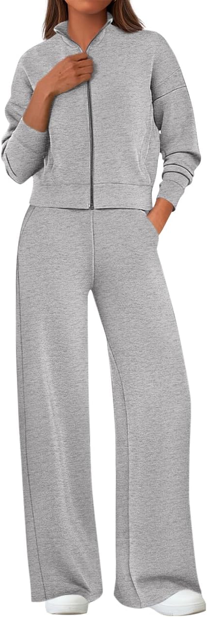 PRETTYGARDEN Womens 2 Piece Outfits Spring Sweatsuits Zip Up Sweatshirt Wide Leg Sweatpants Casual Tracksuit Lounge Sets