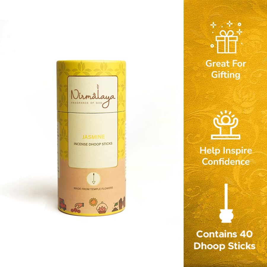 Image of Nirmalaya Premium Jasmine Incense Combo Pack | 100% Natural Organic | 40 Incense Sticks, 40 Incense Cones, 40 Dhoop Sticks | for Pooja, Meditation & Yoga (Jasmine) | Free Stand Inside