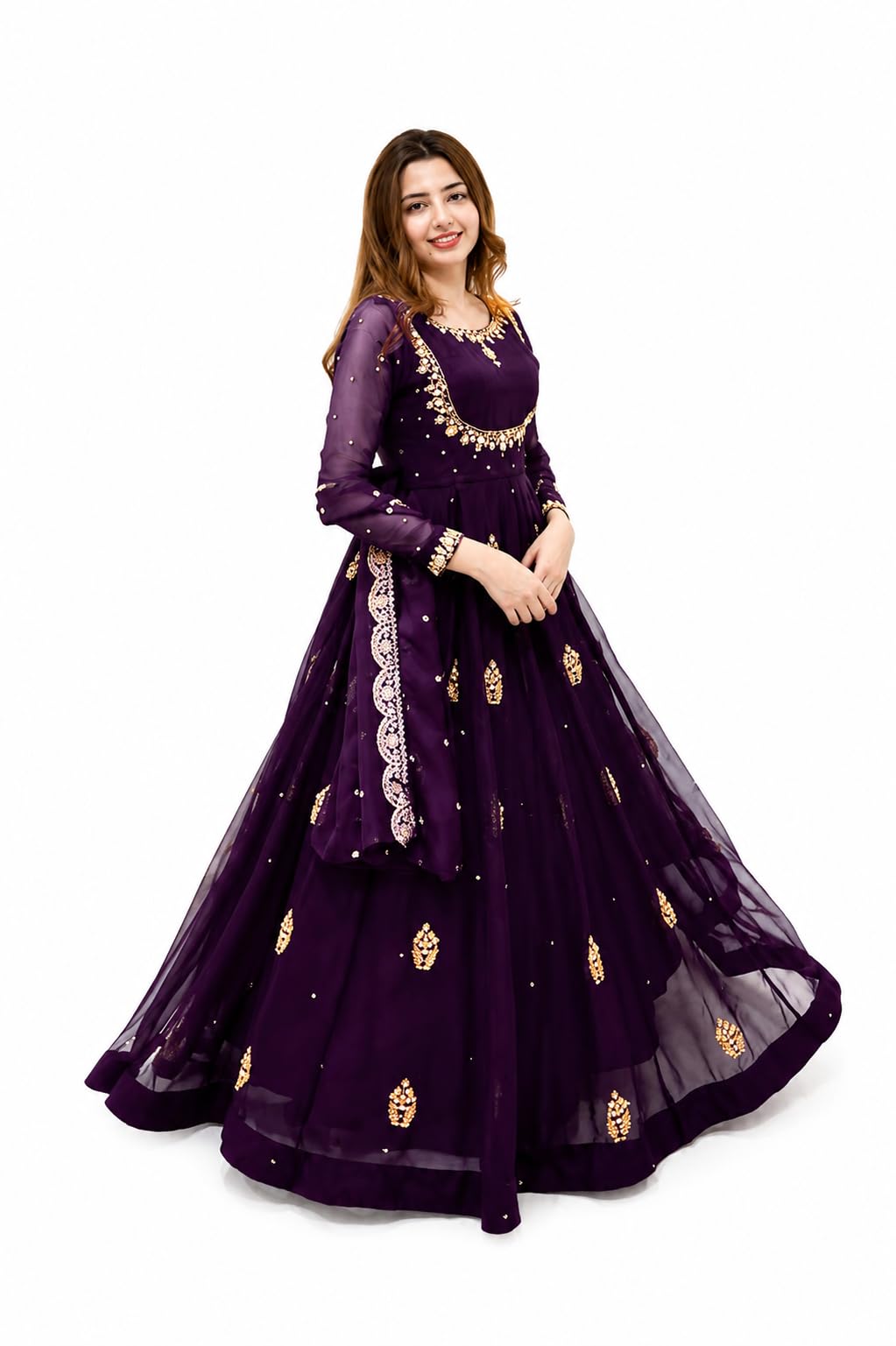 Women's Georgette Ethnic Gown with Dupatta, Ankle Length Flared Dress, Full Sleeves, Traditional Indian Wear-image-29