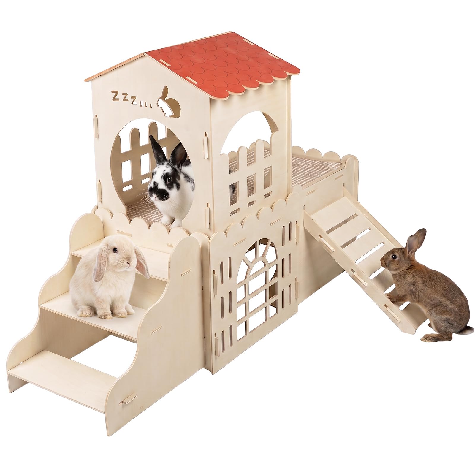 Kaninchenhaus aus Holz mit 2 Kratzmatten, 3-Haus-Schloss für kleine Haustiere, großes Hasenhaus für Kaninchen und Meerschweinchen, mehrstöckiger Kletterkäfig & Lebensraum für kleine Tiere