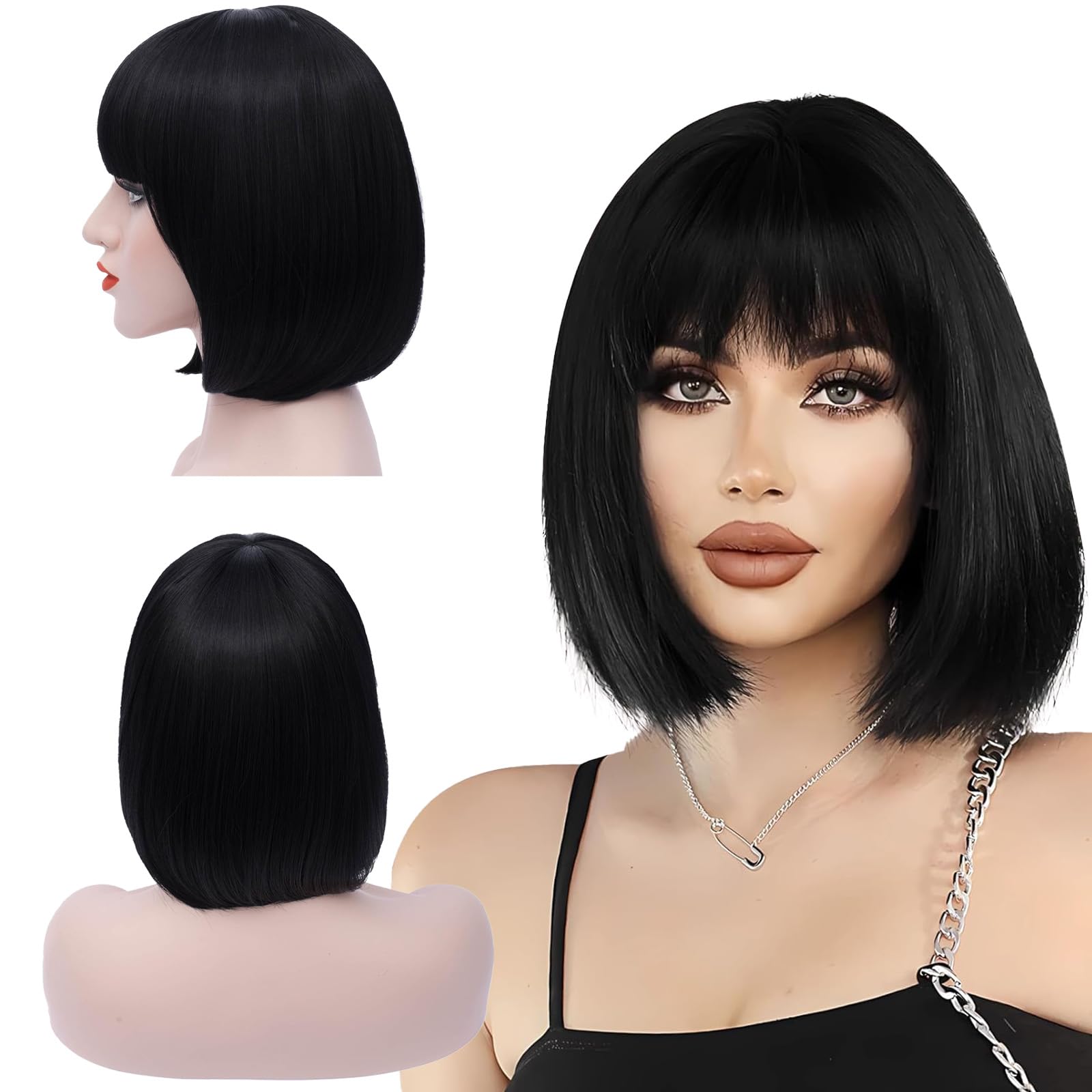 Black Wig for Women Black Bob Wig with Fringe Straight, Natural Looking, Natural Synthetic Fiber Wig