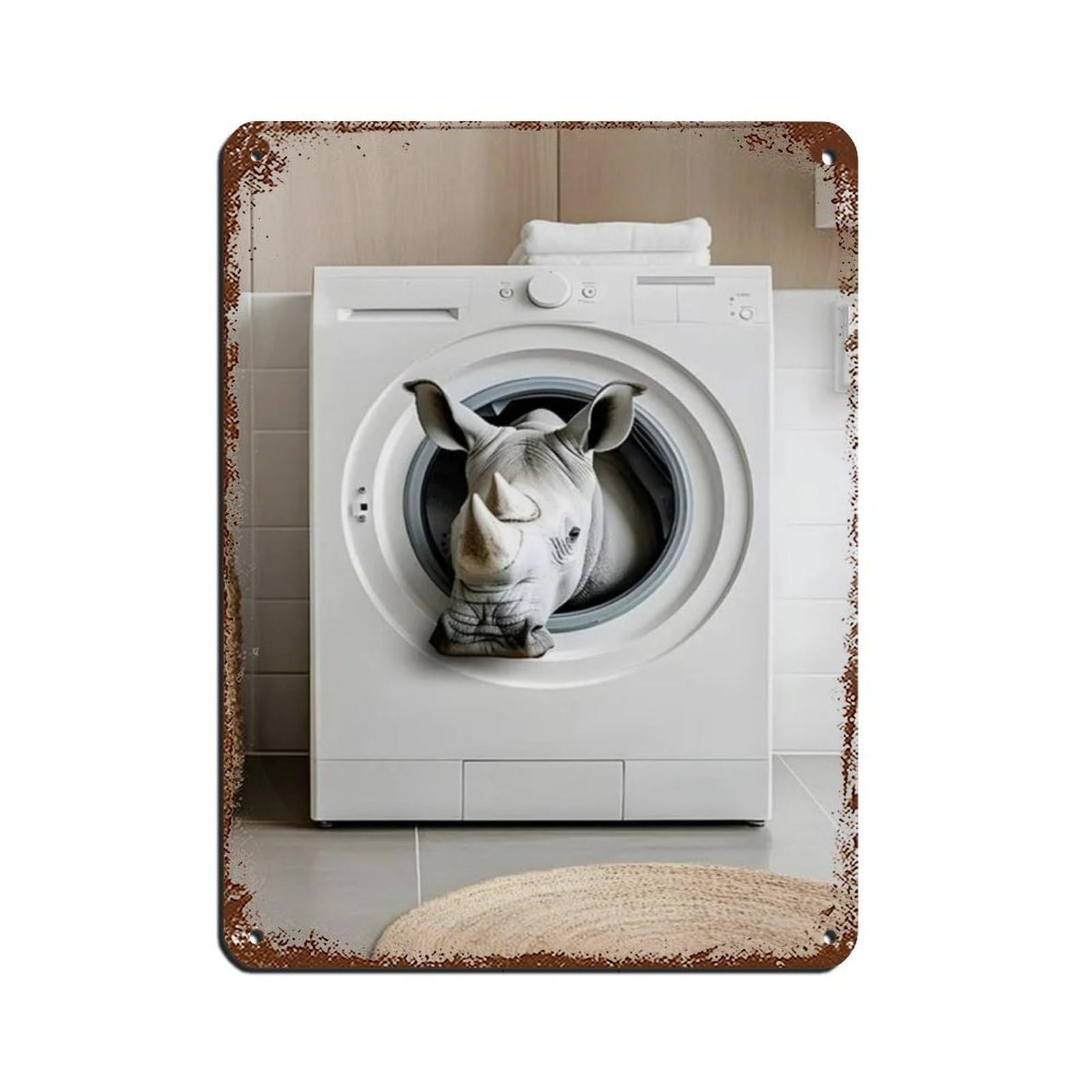 Lxwnze 30L X 40W Cm Rhino In A Washing Machine, Funny Bathroom Art Tin Sign Vintage Metal Pub Club Cafe Bar Home Wall Art Decoration Poster Retro 12X16inch(30X40cm)