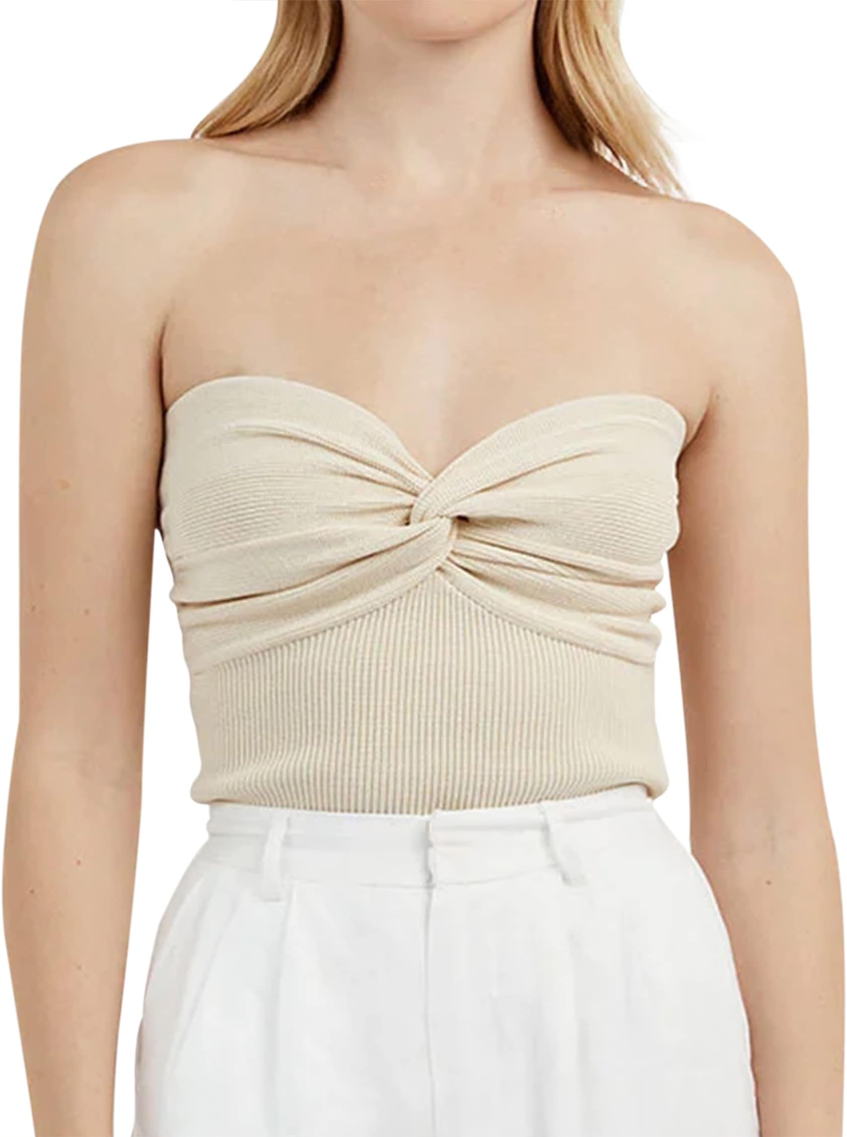 MISSACTIVERWomen Twist Knot Front Knit Tube Tank Top Sleeveless Off Shoulder Strapless Crosscriss Backless Crop Camisole