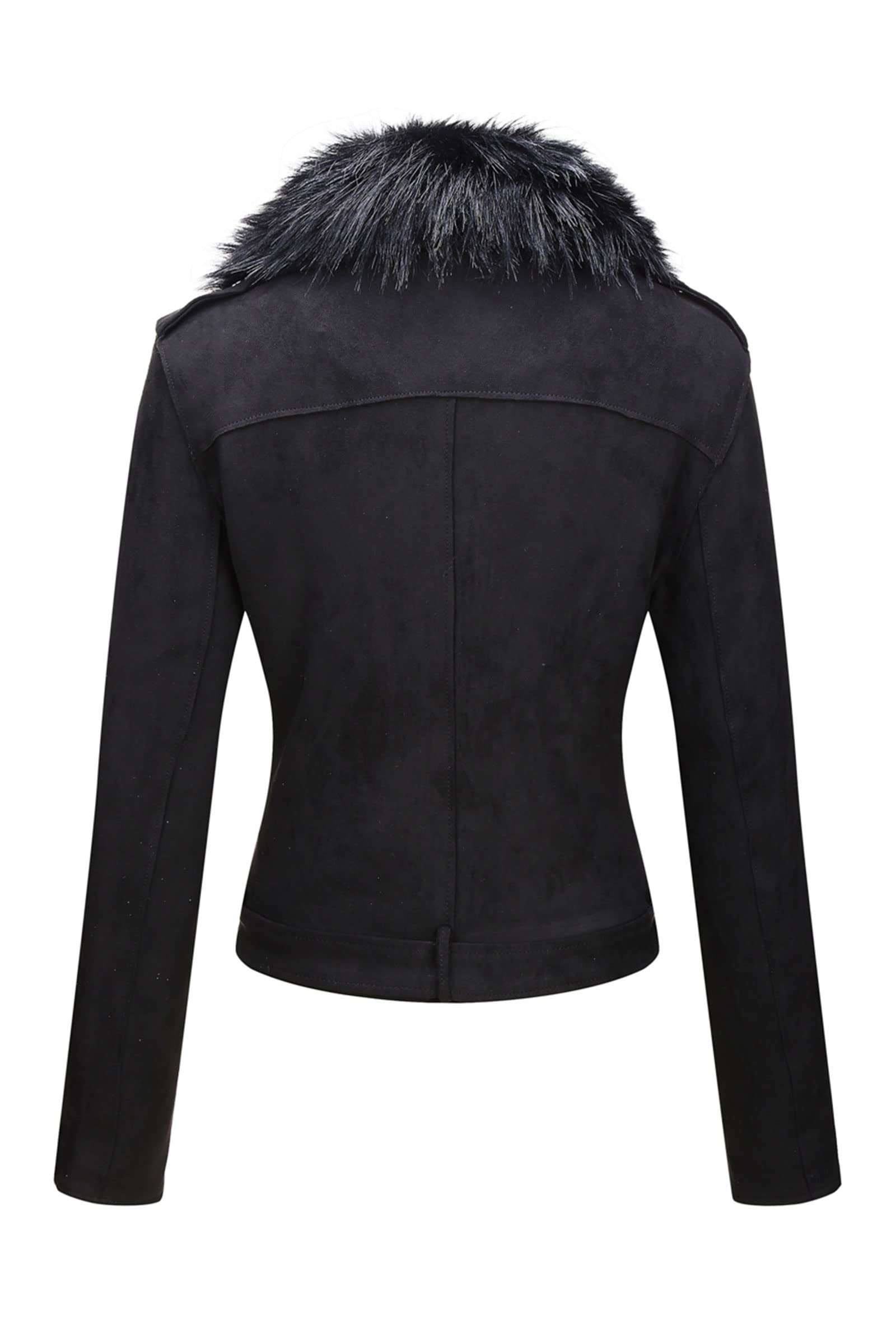 Bellivera Women Faux Leather Suede Jacket Moto Biker Coat Sherpa-Lined Overcoat with Removable Belt: Black Large