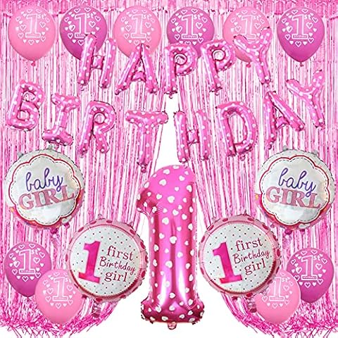 Recosis 1st Birthday Decorations for Girls, Pink Happy Birthday Foil Balloons Number 1 Birthday Party Balloons Fringe Curtains Backdrops Supplies for First Birthday Baby Shower Photo Props Cover