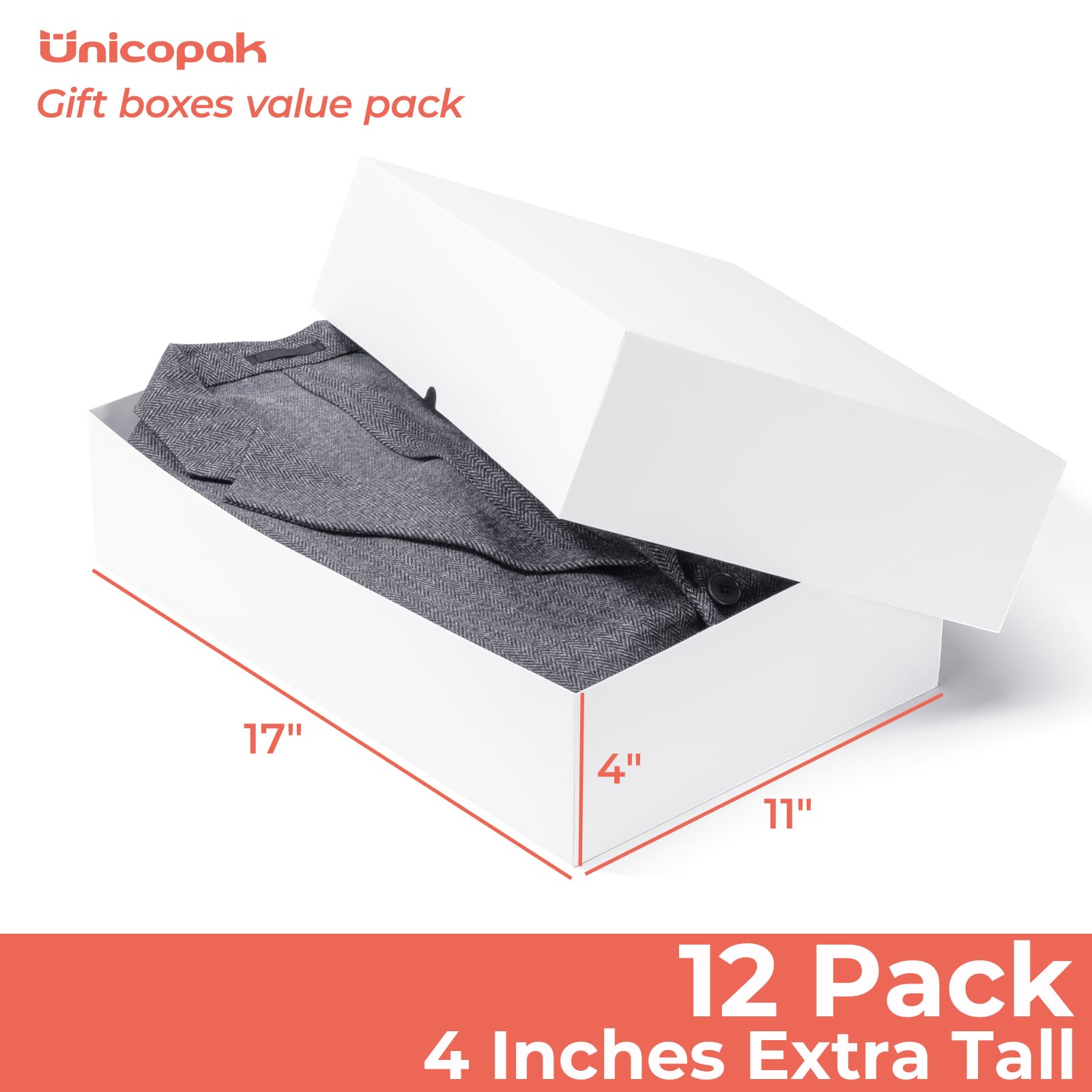 UnicoPak Paquete de 12 cajas de regalo de cartón blanco extragrandes de 4 pulgadas de alto con tapas para regalos, 17 x 11 x 4 pulgadas