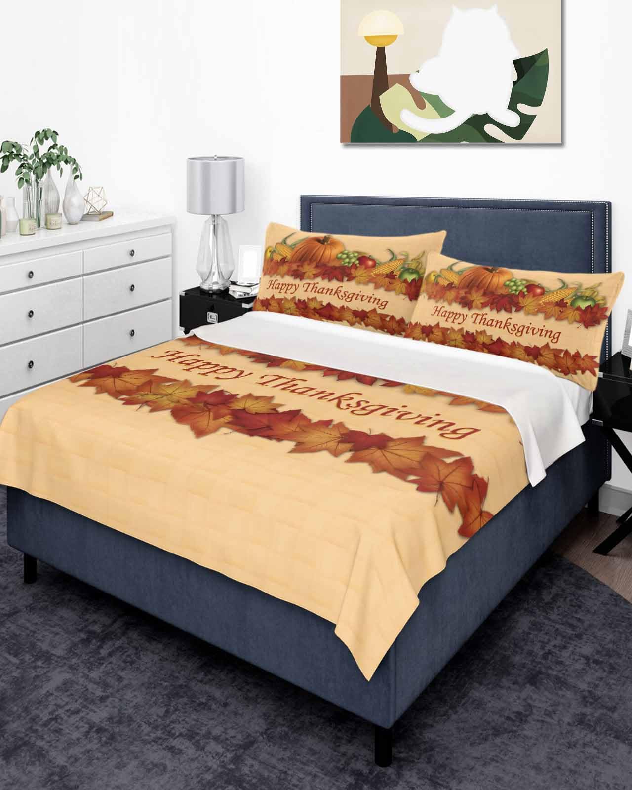 Full Top Sheet Bedding Flat Sheet Only, Happy Thanksgiving Pumpkin Soft Microfiber Bed Sheets Hotel Luxury, Maple Leaf Harvest Corn on Orange Breathable Top Sheets Easy Care