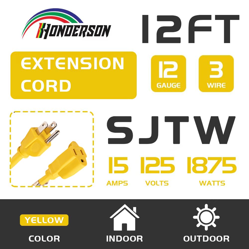 Cable de extensión para interiores y exteriores, resistente a la intemperie, con certificación UL, calibre 12 de 12 pies, color amarillo, 3 puntas, cable de extensión de alimentación SJTW