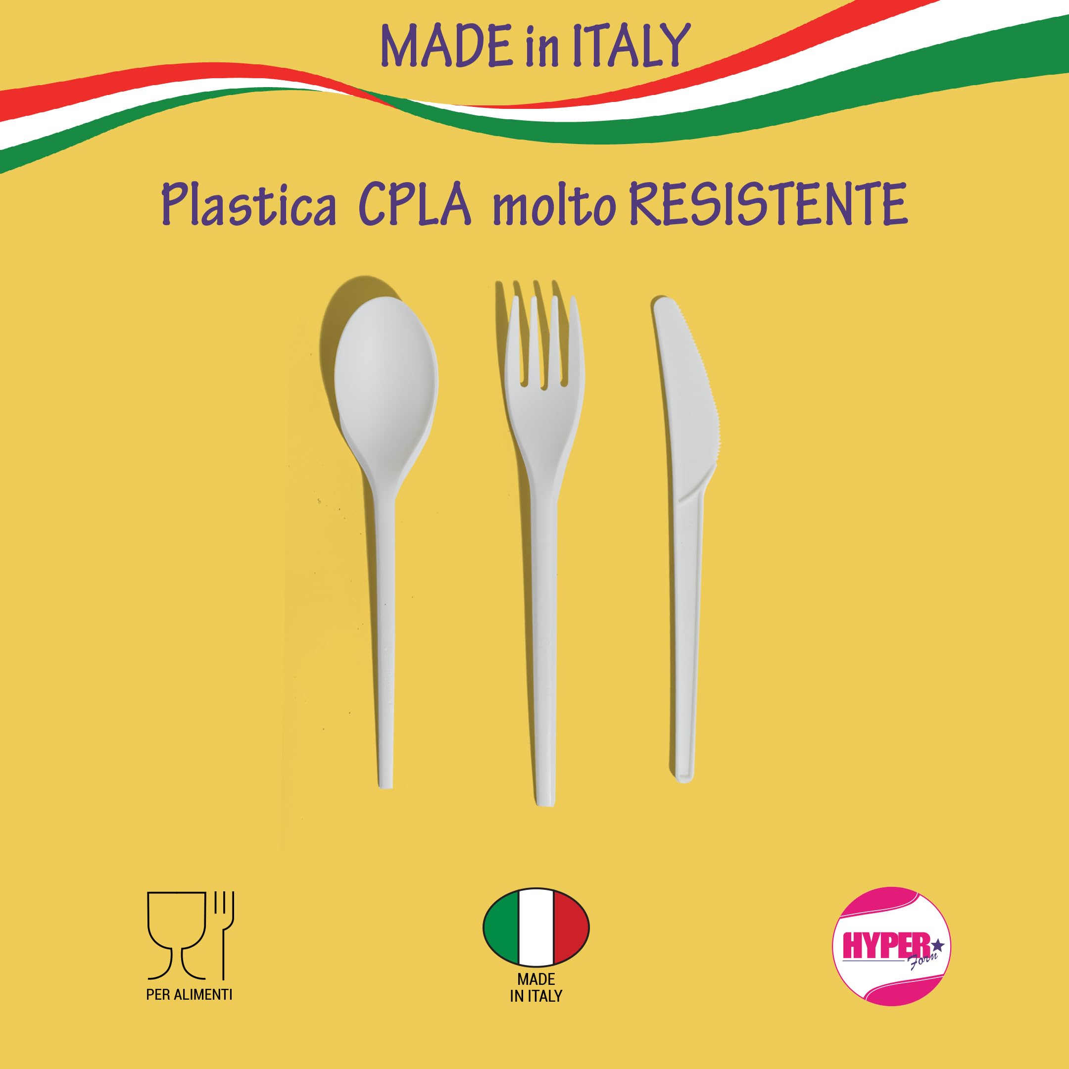 HYPER form Set Posate Biodegradabili e Compostabili Tris Forchetta Coltello Cucchiaio e Tovagliolo 100 Pezzi