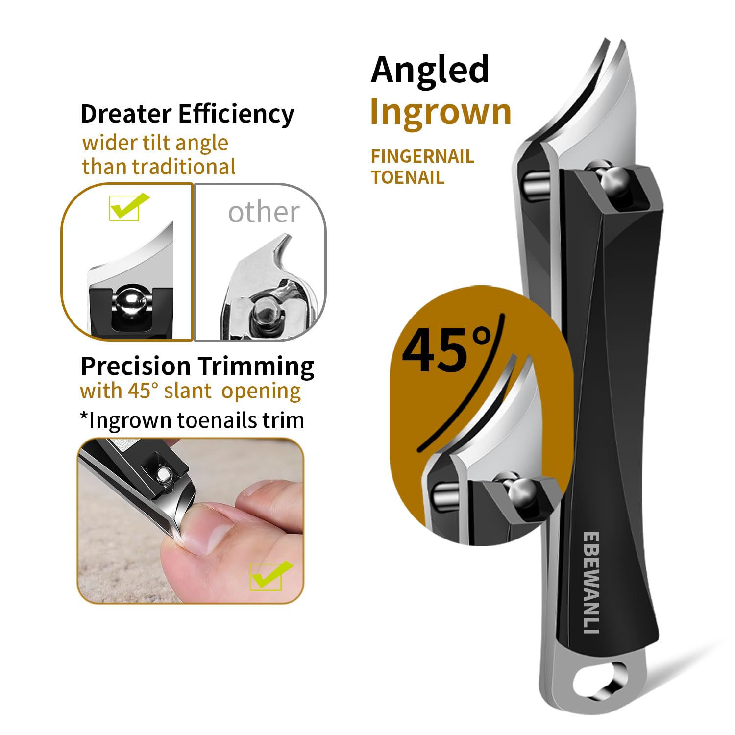 EBEWANLI Kit d'enlèvement d'ongle incarné, 6 pièces en acier inoxydable, kit pour ongles d'orteil avec coupe-ongles droits, obliques et incurvés pour ongles incarnés, outil de pédicure professionnel à