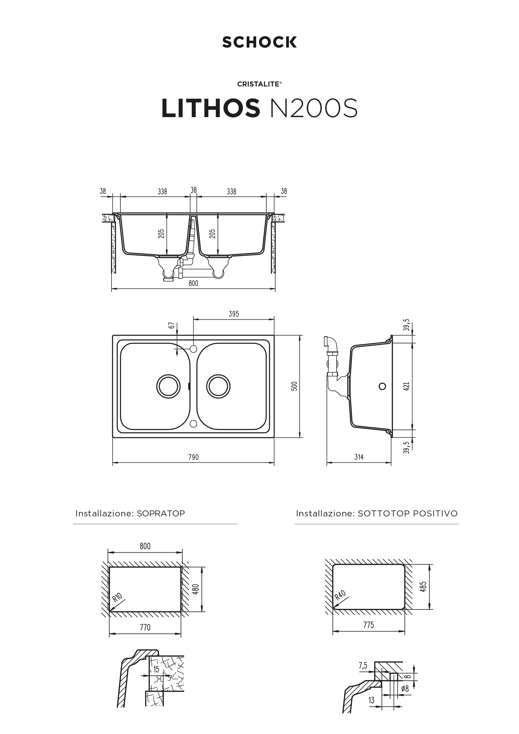SCHOCK | Lavello Cucina Lithos N200S 2 Vasche Small, Materiale Cristalite®, Nero Assoluto, 790x500mm