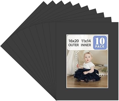 Golden State Art, Pack of 10, Acid-Free 16x20 Black Pre-Cut Picture Mats for 11x14 Photos with White Core Bevel Cut Frame Mattes