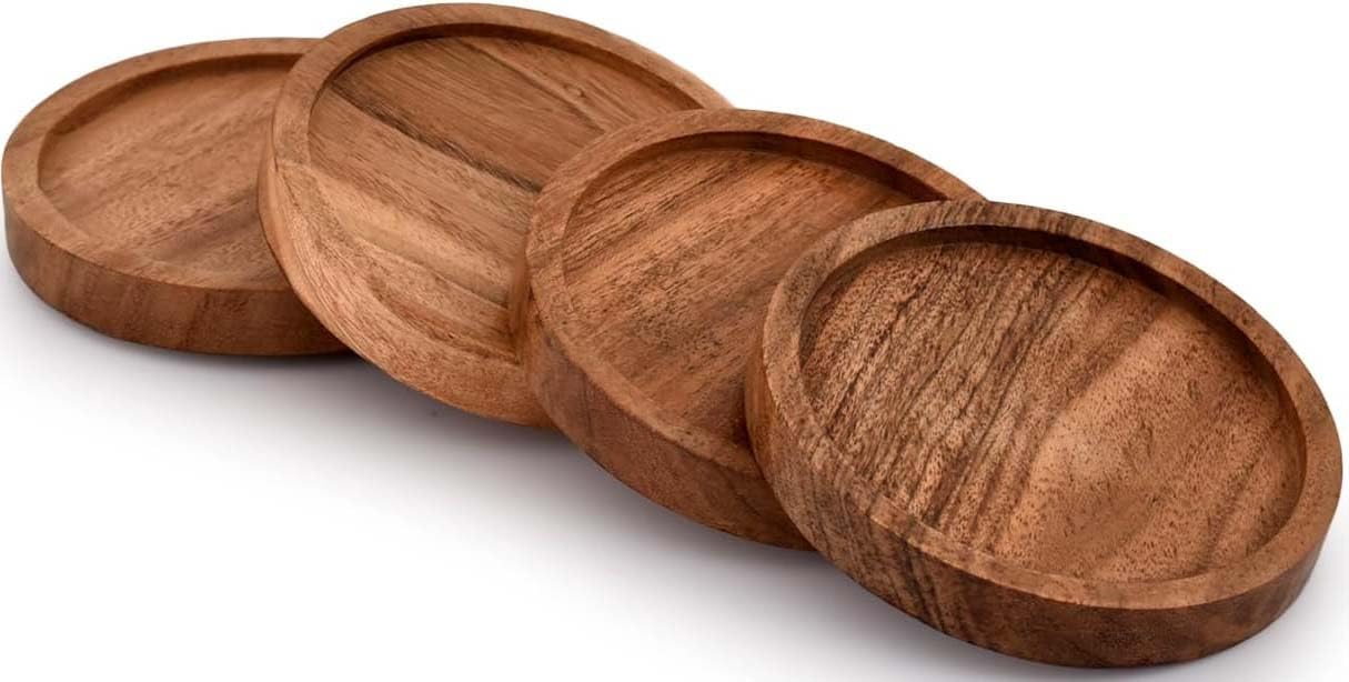 Wooden Coasters for Drinks - Natural Acacia Wood Drink Coaster Set for Drinking Glasses, Tabletop Protection for Any Table (Acacia Wood Set of 4)-image-28