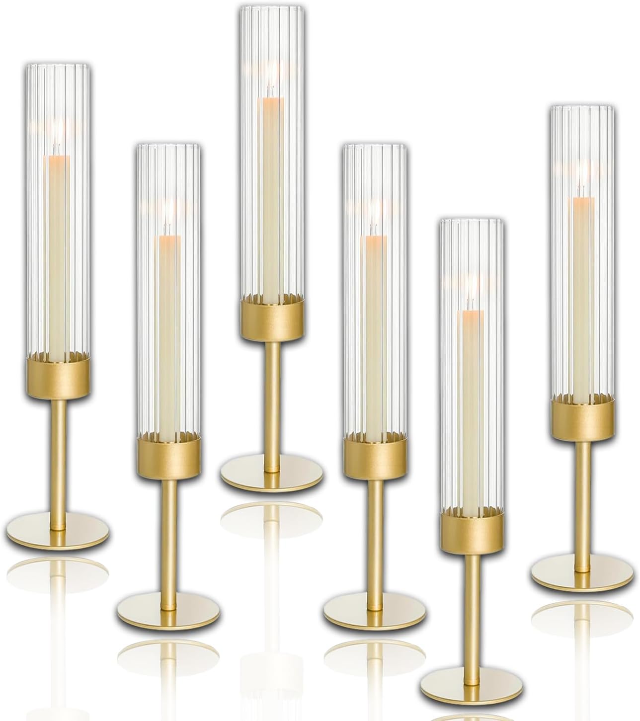 Glass Hurricane Candle Holders Set of 6,Brass Candlestick Holders,Taper Candlestick Holders,Elegant Dining Table Centerpiece for Wedding, Christmas & Home Decor-Ribbed