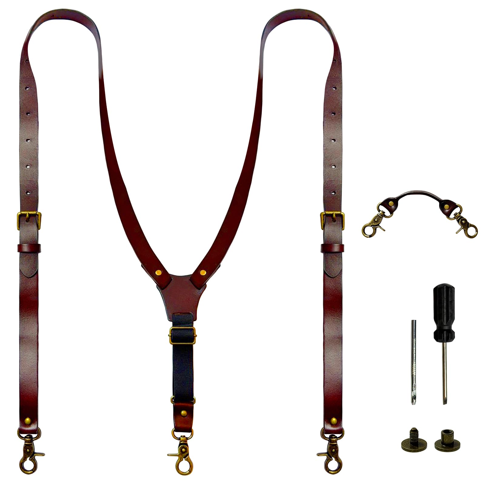 Top Grain Leather Suspenders for Men,0.8“ wide,Adjustable Y-Back Braces Big&Tall with Replaceable Hooks&Tool Accessories Kit,Mens Work Suspenders for Business,Daily Wear,Formal Occasions,Coffee Color-image-28