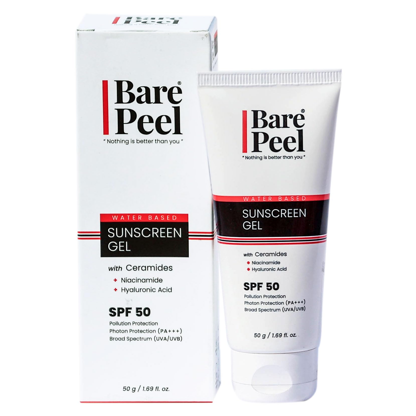 Product: Bare Peel Anti-pollution Sunscreen SPF 50 Gel |Hyaluronic Acid and Niacinamide With Ceramides | No White Cast | n with a water base for Daily Use | For Men & Women | UVA / UVB Protection | Slows Sun Tan | PA+++ | Broad Spectrum Sunblock Body Lotion | SLS Parabens & Free |50g|