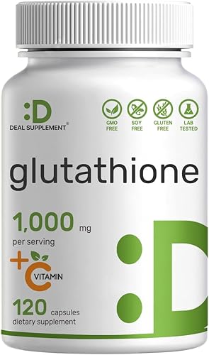 Suplemento de glutatión 1,000 mg por porción, 98% de pureza | Más vitamina C 500 mg, forma reducida activa (GSH) | Antioxidante intracelular - Apoya