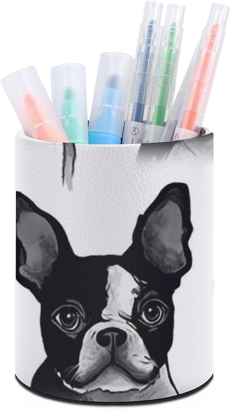 Aesthetic Pen Holder for Desk, Leather Pencil Holder Organizers for Desktop, Round Makeup Brush Srotage Box, Boston Terrier Heart Dog Pen Cup Holder for Office Desk Accessory Stationery Organizer