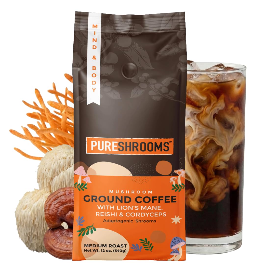 PureShrooms Mind & Body Ground Mushroom Coffee – Focus, Energy & Mood Support – Premium Arabica with Organic Lion’s Mane, Reishi & Cordyceps – Low