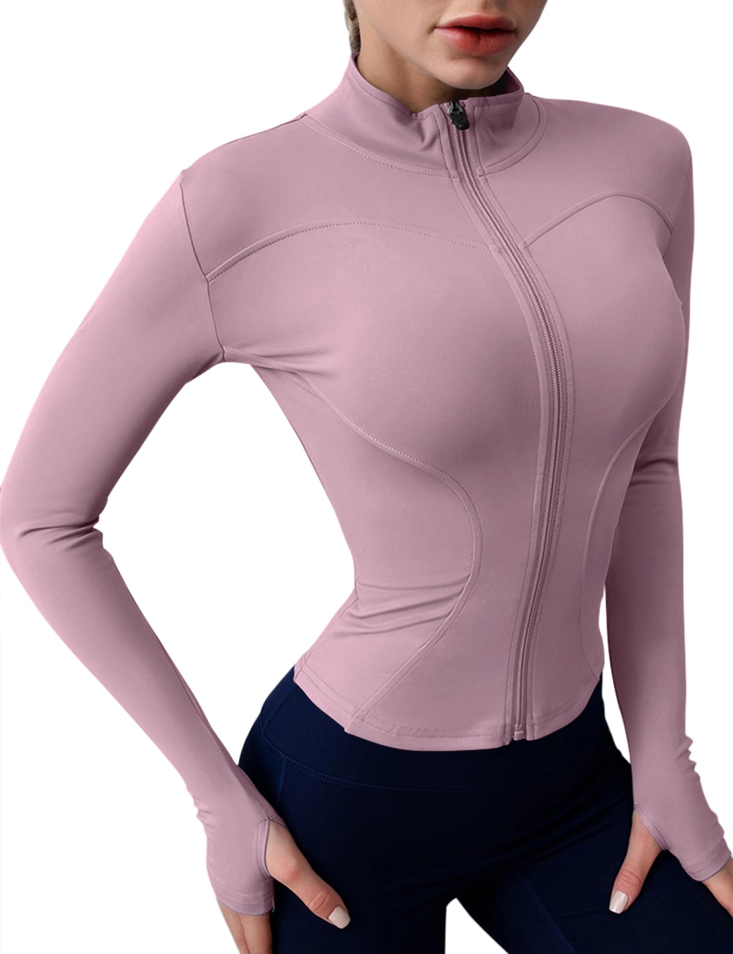Rapbin Damen Laufjacke Sportjacke Langarm Gym Tops Yoga Fitness Shirt Atmungsaktive Sportjacke Reißverschluss Leicht Trainingsjacke mit Daumenloch