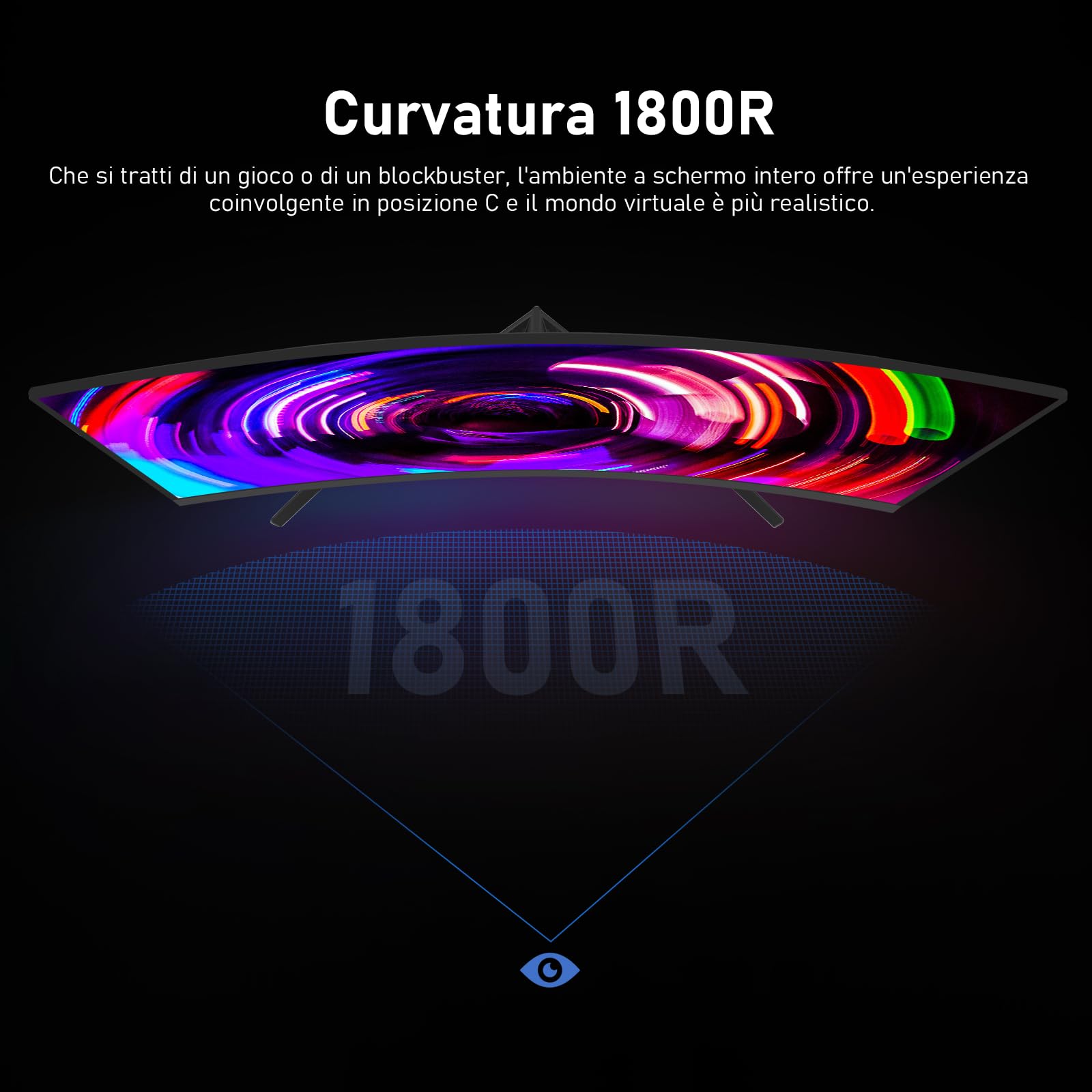Gawfolk schermo PC da 32 pollici, 2K WQHD (2560×1440P), Monitor da gioco curvo a 165 Hz, 1ms, 100% sRGB, grandangolo 178°, HDMI、DisplayPort, Compatibile con VESA100*100MM montato a parete-Nero