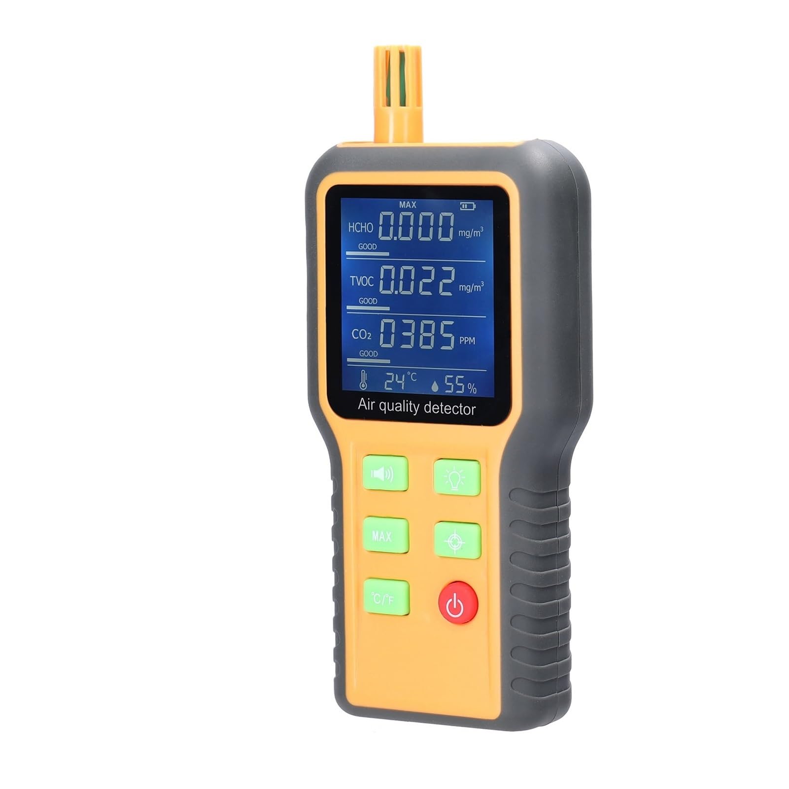 Détecteur de qualité de l'air Capteurs T/H Testeur de CO2 Écran LCD avec rétroéclaira Dioxyde de Carbone TVOC Valeur HCHO Détection de température et d'humidité Applications étendues