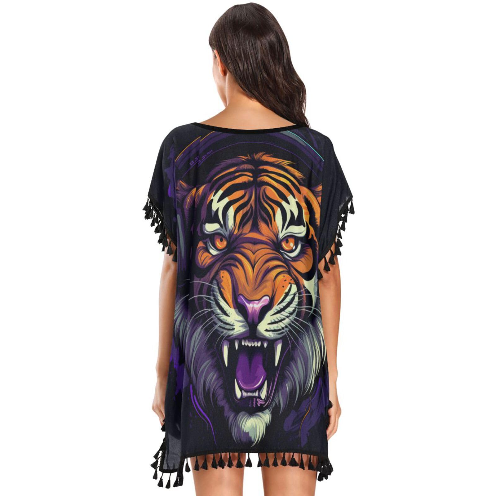 Cool Music Animal Tiger Women's Beach Cover Up Chiffon Tassel Swimwear Swimsuit Coverups for Girl