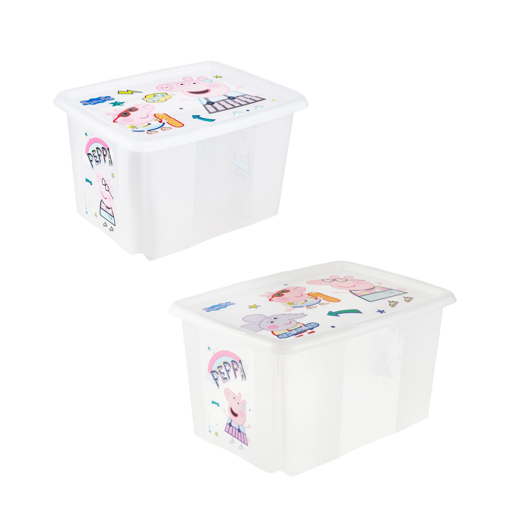 keeeper Karolina 2 x Peppa Pig Storage Box with Lid, Rotating and Stackable for Kids, 30L + 45L, Transparent
