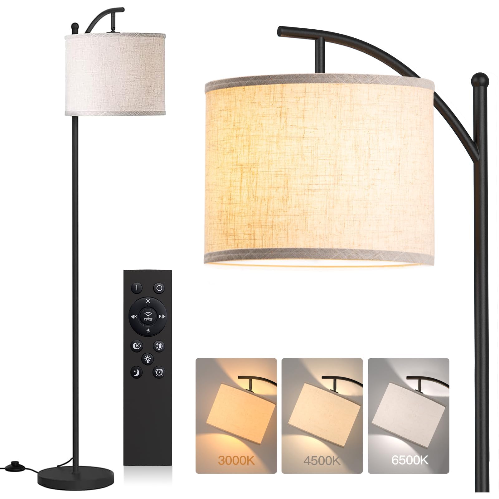 addlon Floor Lamp for Living Room with Remote, Dimmable Standing lamp with Linen lampshade for Bedroom, Office, Lamps with 9W LED Bulb Included - Black with Beige Lampshade