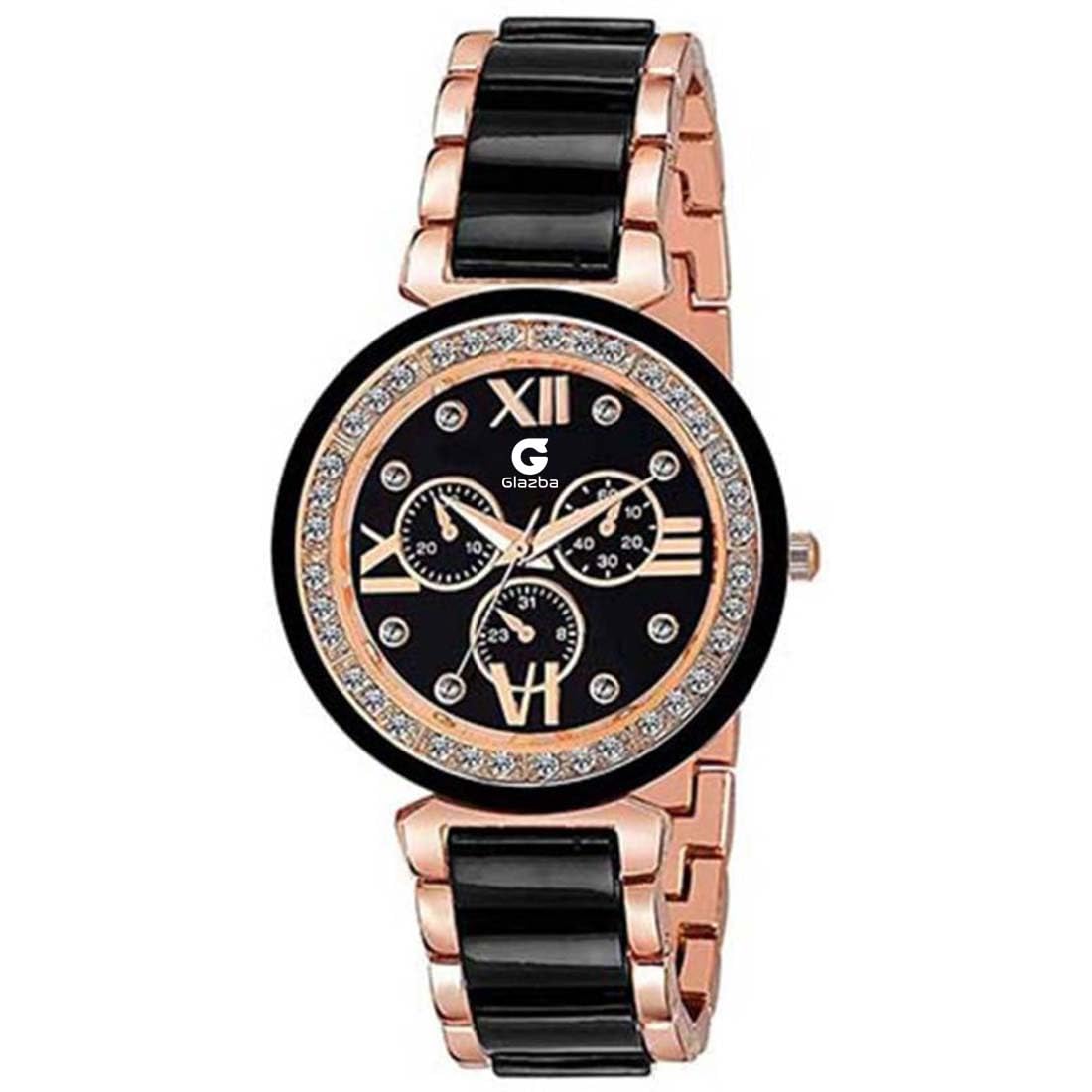 Glazba Womens Metal Chain Strap Roman Dial Analog Wrist Watch for Girls Ladies (Black Rose Gold) (B0CVDVGS12) Amazon Price History, Amazon Price Tracker