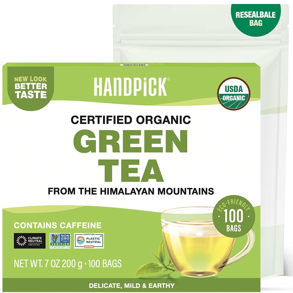 HANDPICK, Organic Green Tea Bags - 100 Eco-Friendly Tea Bags | USDA Organic | Resealable Pack for Freshness | Delicate & Flavory | Direct From IndiaUSDA Organic