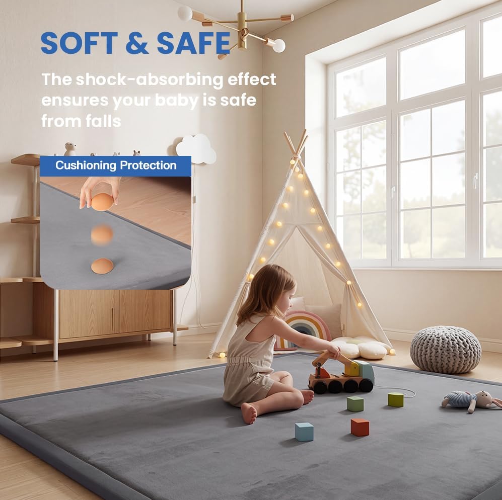 Image of Huloo Sleep Ultra Soft Baby Play Mat for Floor, 1.3 inch Thick Elasti-Foam 59x59 Play Mat for Playpen,Water-Repellent Coral Velvet for Tummy Time, Non-Slip Backing,Safe for Toddlers & Infants(Dark Grey)