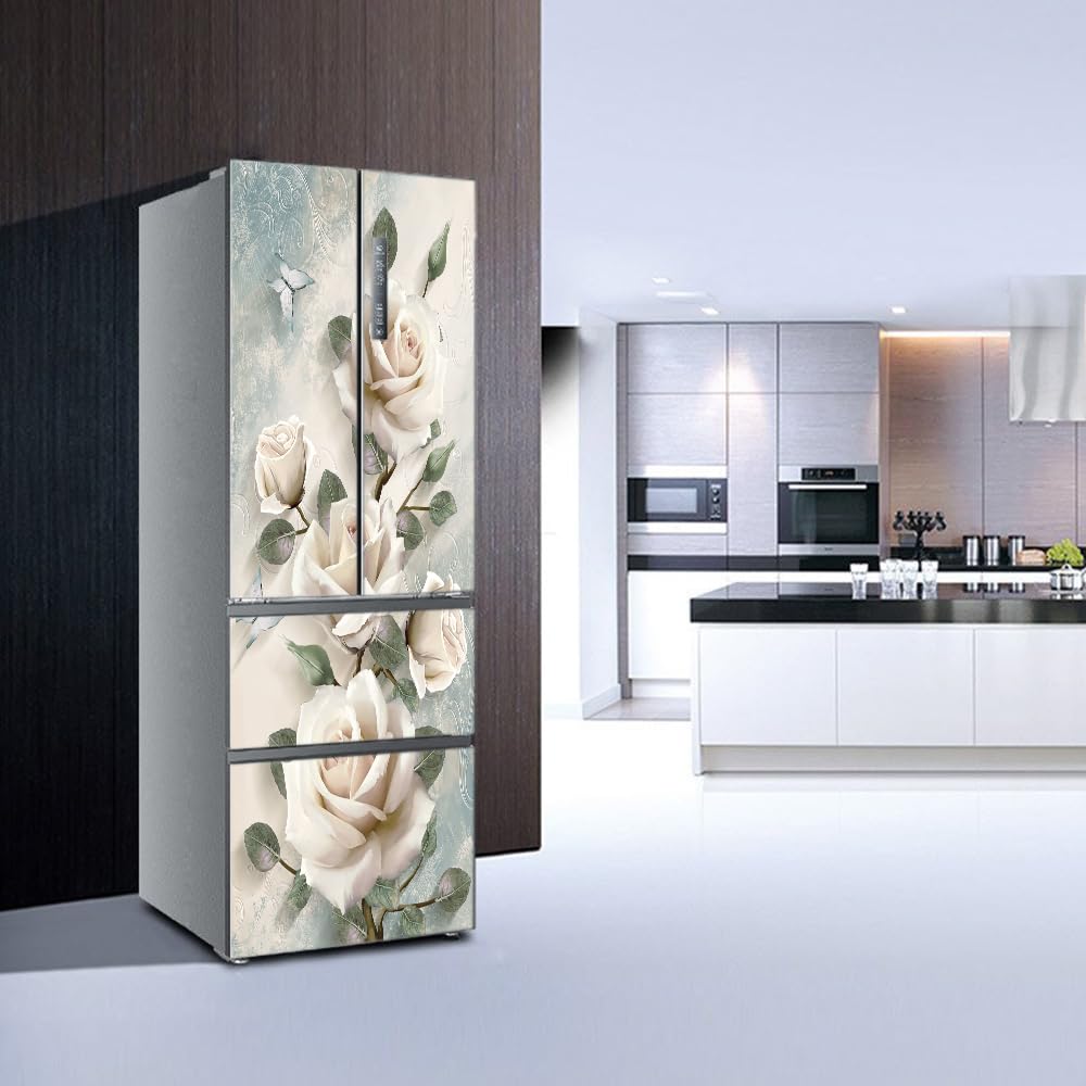 film décoratif pour réfrigérateurs, Stickers muraux for porte de réfrigérateur, motif pivoine blanche, recouvrant entièrement la(S: 60x150 cm)
