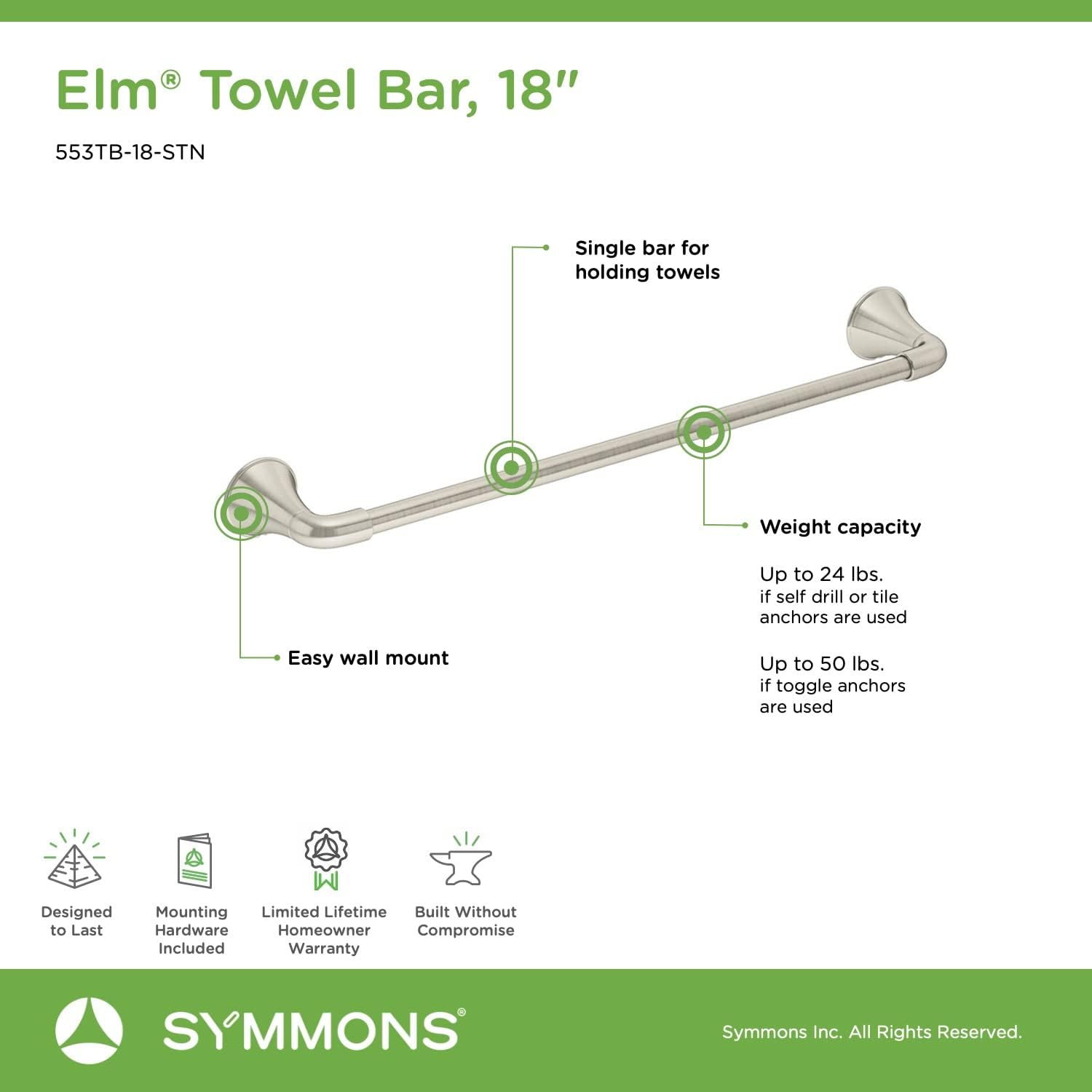 Symmons 553TB-18-STN Elm 18 in. Wall-Mounted Towel Bar in Satin Nickel