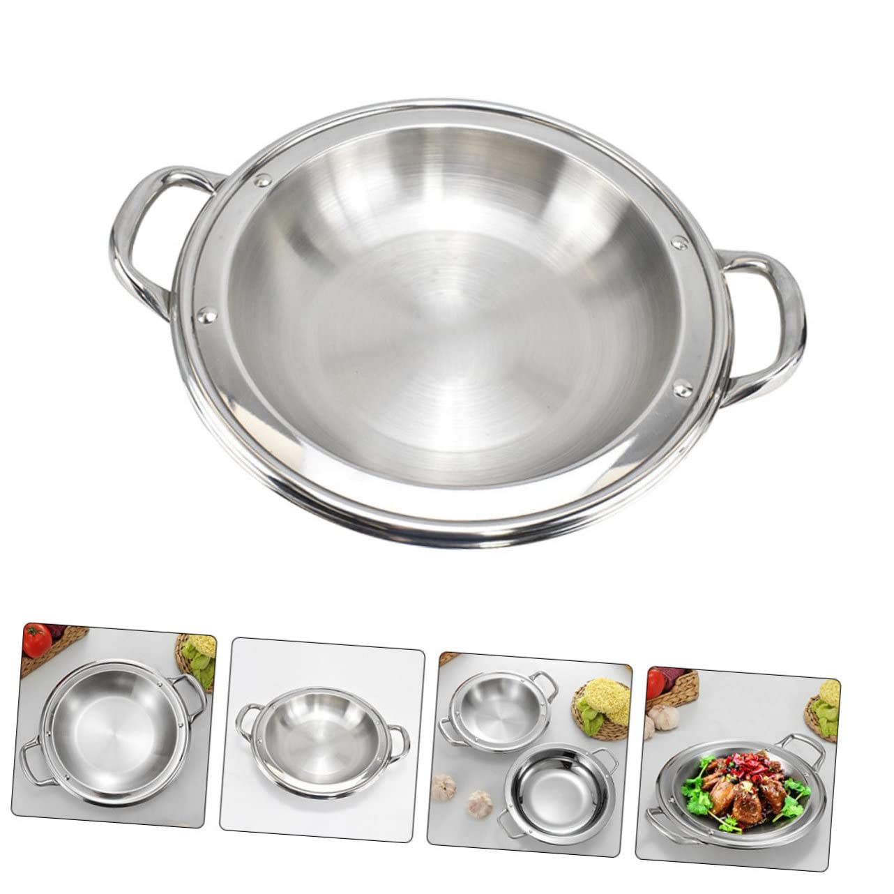 3pcs Silver Small Handle Noodle Pan Wok with Paella Home Platter Gas Shabu Ramen Stir Sirviendo Inoxidable Poco profundo Conveniente Cocina Multifunción Hornear Aperitivo Acero Cocina ollas y sa