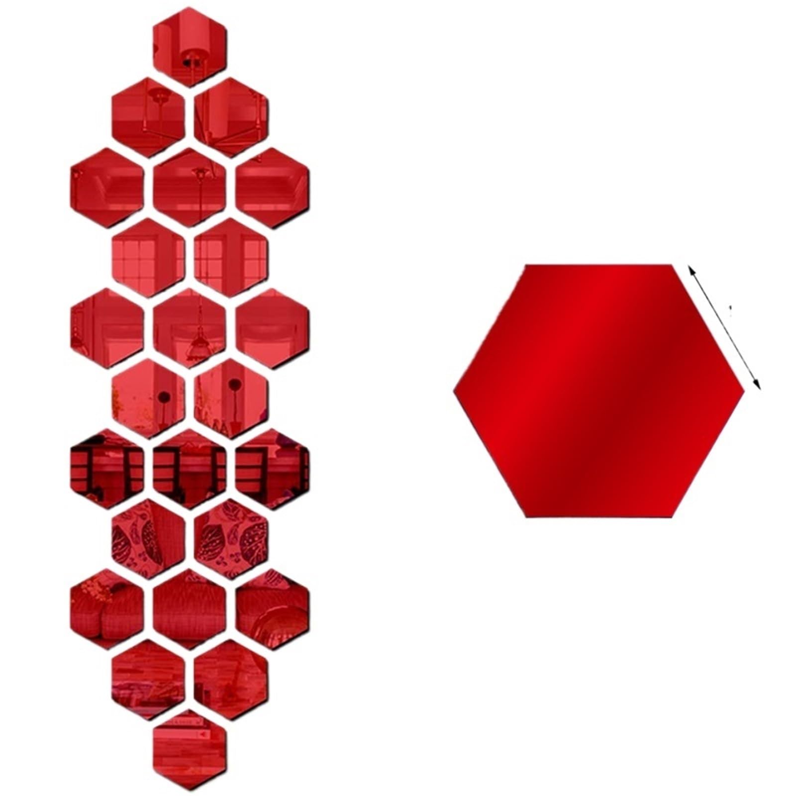 Hexagonal Mirror Wall Sticker 1/24pcs 3D Mirror Wall Sticker Hexagon Self Adhesive Mirror Stickers Art Wall Decals Mosaic Tiles DIY Home Bedroom Decor(Red,24Pcs)
