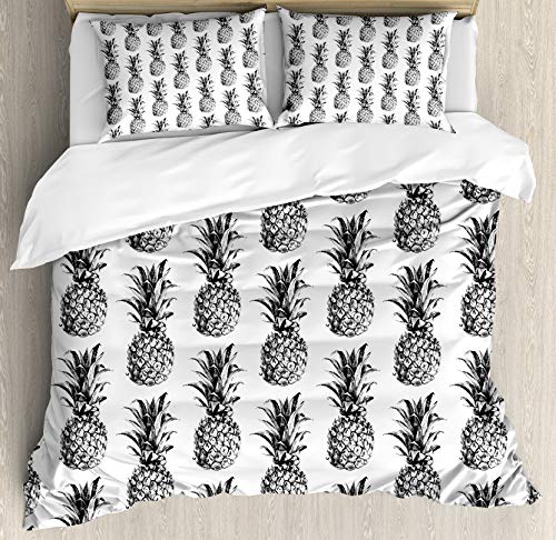 Pineapple Bedding Sets,Artistic Hand Drawn Tropical Theme Vintage Style Pineapple Fruit Pattern 3 Piece Duvet Cover Set Comforter Cover for Childrens/Kids/Adults,Black Gray White,California King