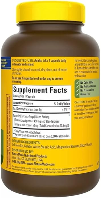 Nature Made Turmeric Curcumin 500 milligram. Capsules (Antioxidant) Value Size 180 Ct
